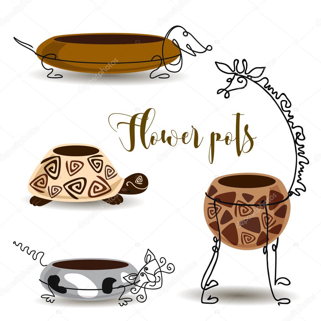 Decorative flower pots. Giraffe turtle cat and dog. Clay pots with forging. Vector