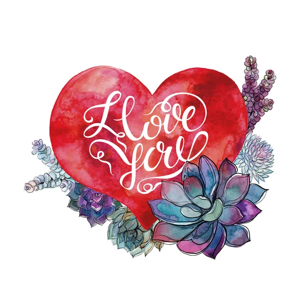 Saint Valentin Coeur Aquarelle Succulents Des Lettres Illustration Vectorielle — Image vectorielle