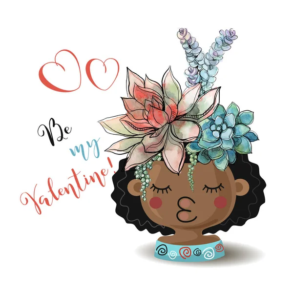 Joyeuse Saint Valentin Fille Avec Des Fleurs Succulentes Aquarelle Vecteur — Image vectorielle