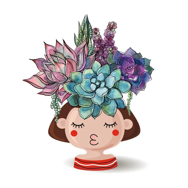 Lány Virágok Pozsgás Növények Akvarell Vektor — Stock Vector