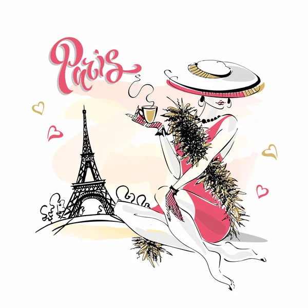 Girl Hat Drinks Coffee Fashion Model Paris Eiffel Tower Romantic — Stock Vector