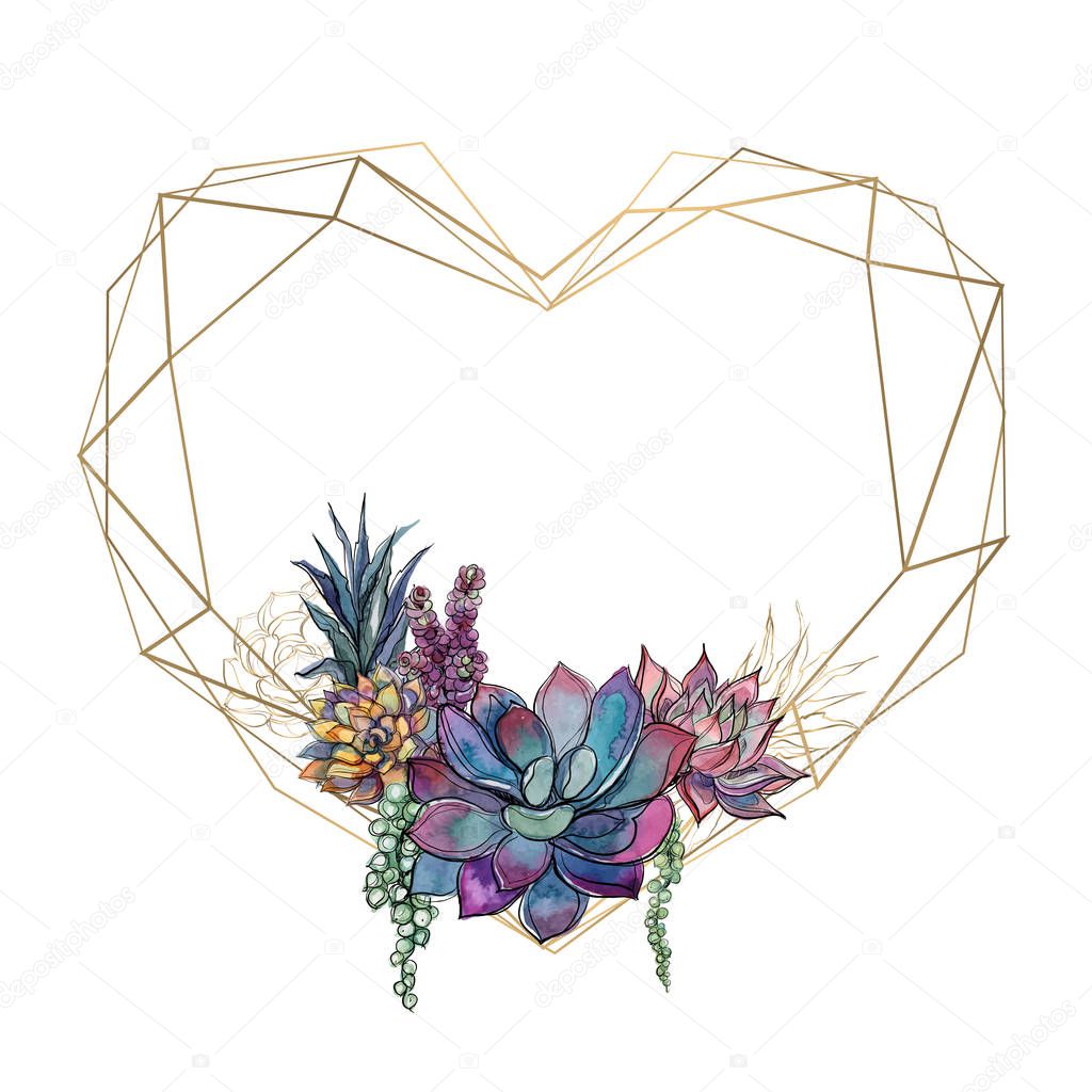 Gold heart frame with succulents. Valentine. Watercolor.Graphics Vector