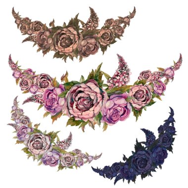 Çiçek gül ve leylak peonies suluboya çelenk ayarla.