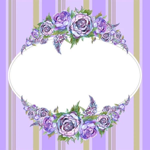 婚礼框架与玫瑰和丁香牡丹的水彩画花环 — 图库矢量图片