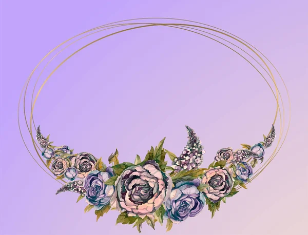 Οβάλ Κορνίζα Χρυσό Ροζ Λουλούδια Ακουαρέλα Γάμου Κορνίζα Ακουαρέλα Γιρλάντες — Διανυσματικό Αρχείο