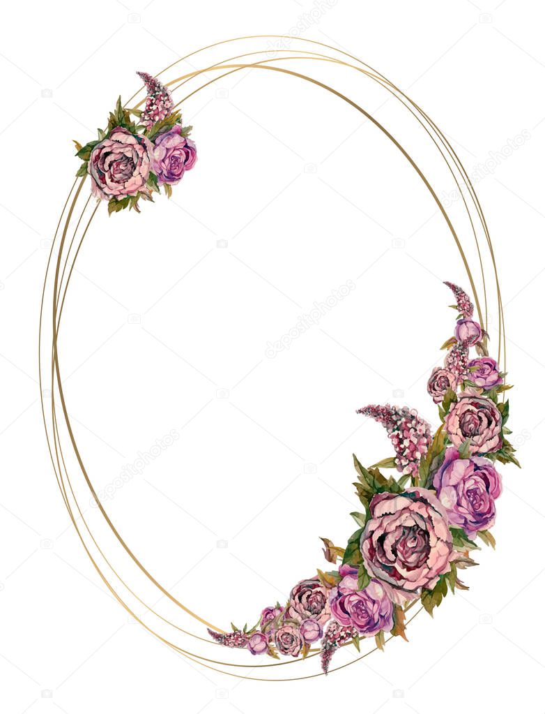 Oval gold frame with pink watercolor flowers. Wedding frame with watercolor garlands of peonies of roses and lilacs