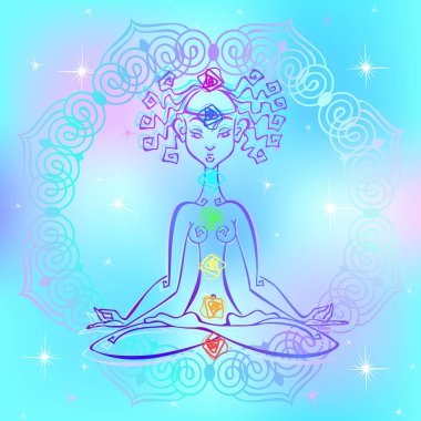 Lotus pozisyonu ve çakralar adamın kızı. Reiki enerji. Vektör.