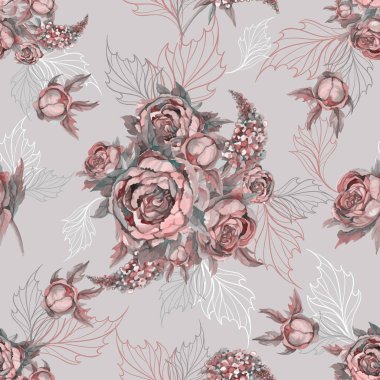 Çiçek seamless modeli buket gül peonies ve leylak