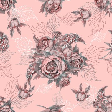 Çiçek seamless modeli buket gül peonies ve leylak.