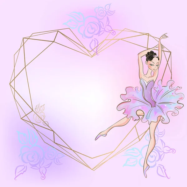 Jantung Bingkai Dengan Balerina Vektor Merah Muda - Stok Vektor