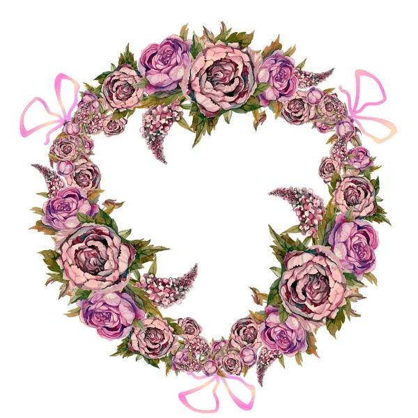 Une Guirlande Fleurs Aquarelles Pivoines Roses Lilas Illustration Vectorielle Couronne — Image vectorielle