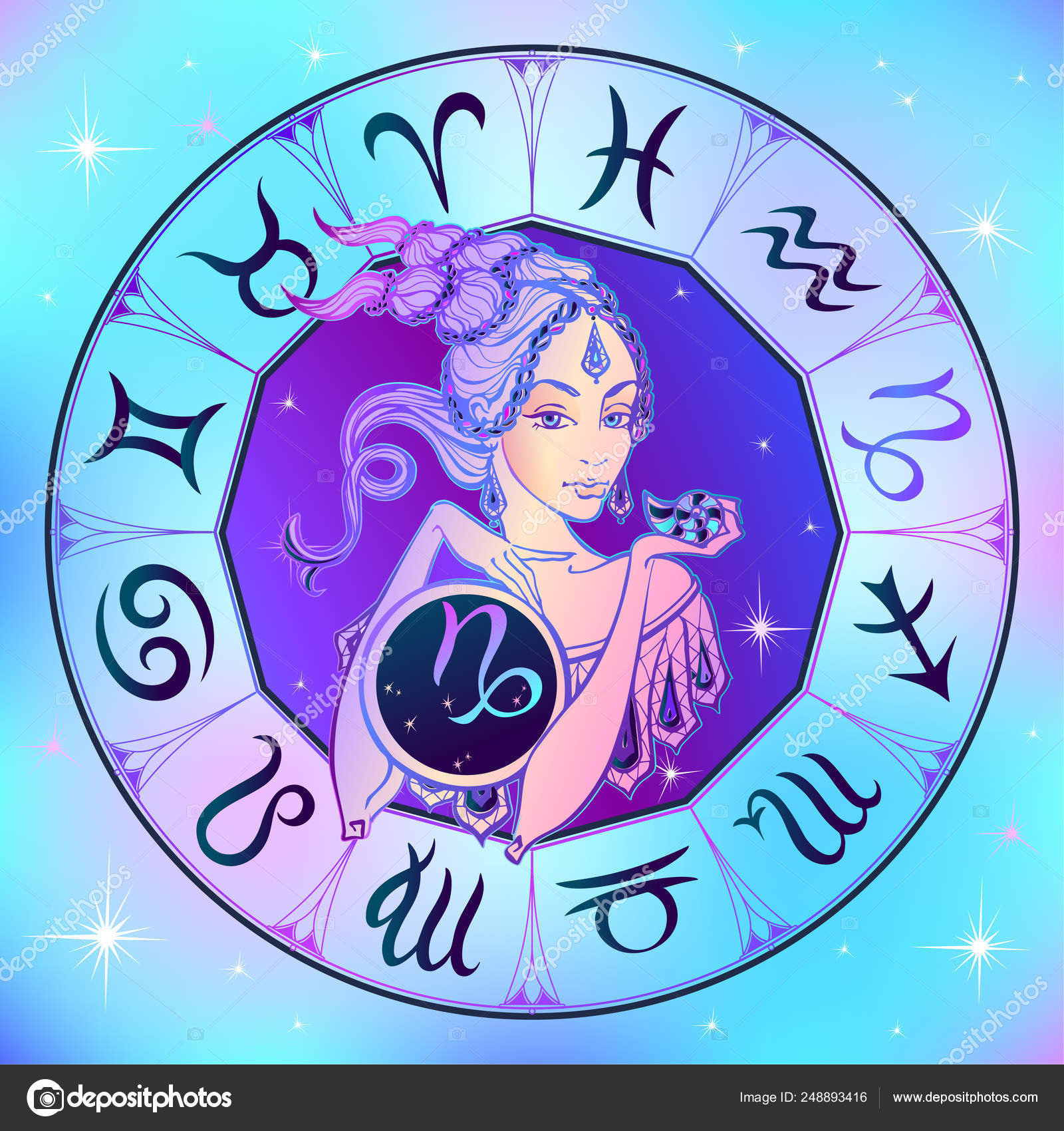 Zodiac Sign Capricorn Beautiful Girl Horoscope Astrology Vector Stock ...