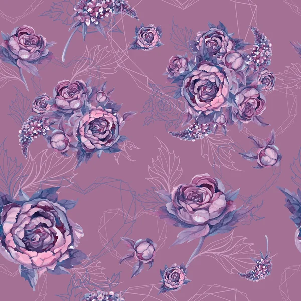 Цветочный Бесшовный Узор Букет Роз Пионов Сирени — стоковый вектор