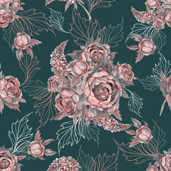 Motif Floral Sans Couture Bouquet Pivoines Roses Lilas Vecteur — Image vectorielle