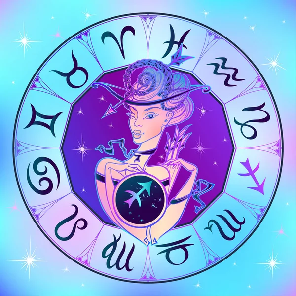 Signe Zodiaque Sagittaire Une Belle Fille Horoscope Astrologie Vecteur — Image vectorielle