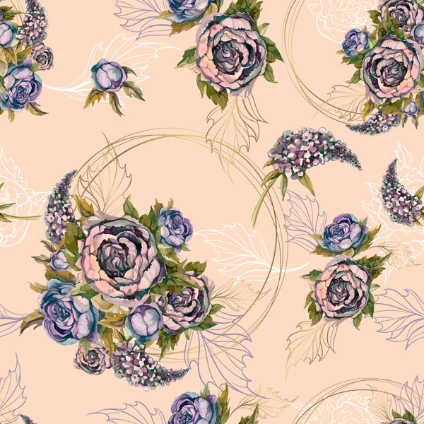 Цветочный Бесшовный Узор Букет Роз Пионов Сирени Вектор — стоковый вектор