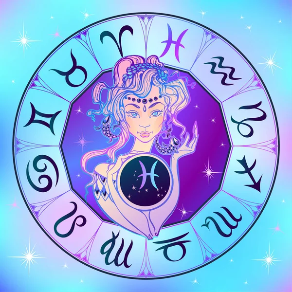 Sterrenbeeld Vissen Een Mooi Meisje Horoscoop Astrologie Vector — Stockvector