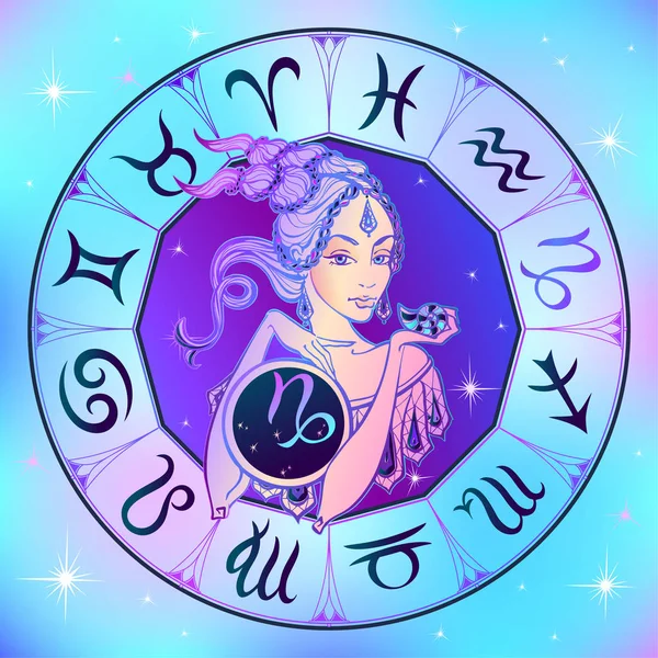 Zodiac Tanda Capricorn Seorang Gadis Cantik Horoskop Astrologi Vektor - Stok Vektor