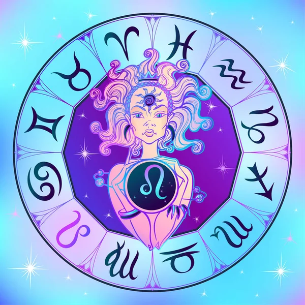 Dierenriem Teken Leo Een Mooi Meisje Horoscoop Astrologie Vector — Stockvector