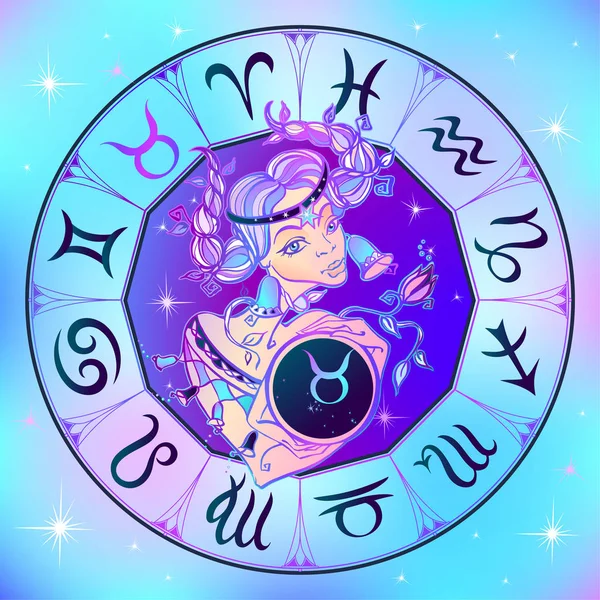 Zodiac Sign Taurus Beautiful Girl Horoscope Astrology Vector — Stock Vector