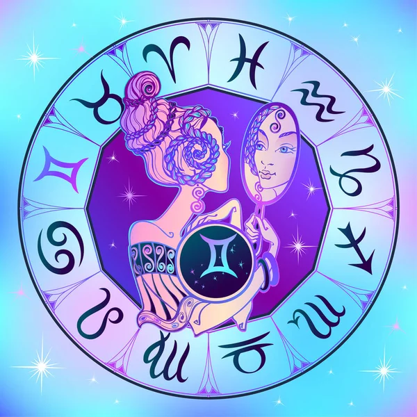 Signo Del Zodíaco Géminis Hermosa Chica Horóscopo Astrología — Vector de stock