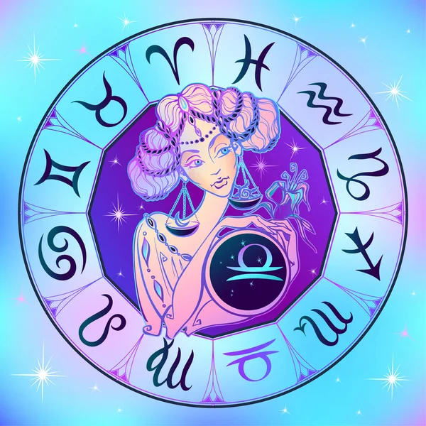 Signo Del Zodíaco Libra Una Chica Hermosa Horóscopo Astrología Vector — Vector de stock