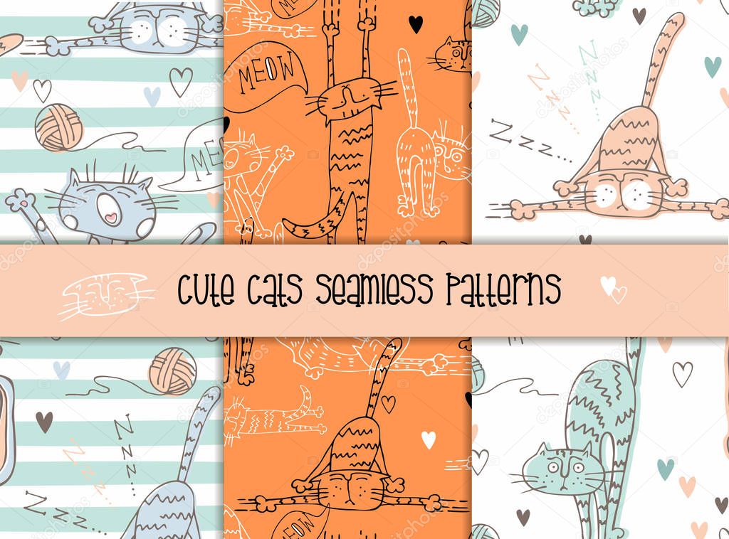 Set of seamless patterns of funny cats in a cute style