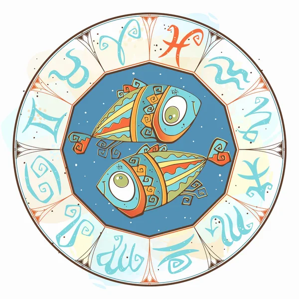 Horoscope Children Sign Pisces Zodiac Circle — Stock Vector