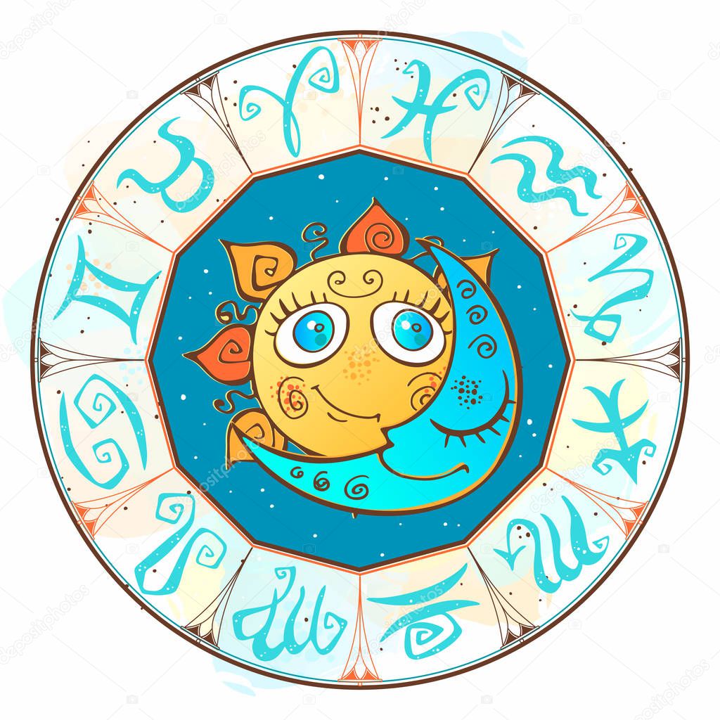Sun and moon in the zodiac circle. Children's cute style.