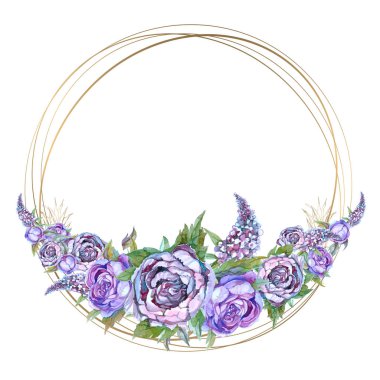 Suluboya mor çiçekler ile yuvarlak altın çerçeve. Gül ve leylak şakayık çelenk
