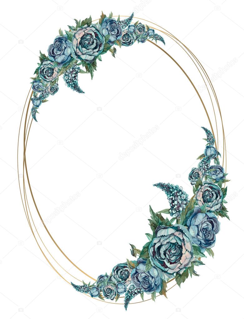Oval gold frame with turquoise watercolor flowers