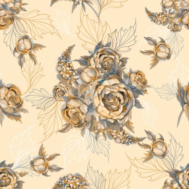 Çiçek dikişsiz desen Buket gül şakayık ve leylak. Vektör. Suluboya.