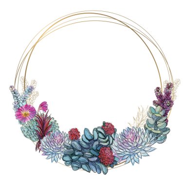 Sulu yuvarlak altın çerçeve. Suluboya. Vektör.