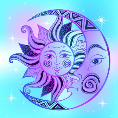 Ay ve güneş. Antik astrolojik sembolü. Oyma. Boho tarzı. Etnik. Burcu sembolü. Mistik. Vektör.