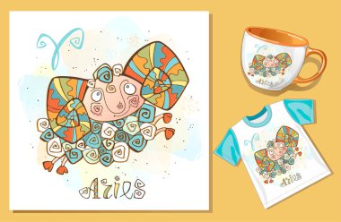 Çocuk burç simgesi. Çocuklar için Zodyak. Koç burcu . Vektör. Çizgi film karakteri olarak astrolojik sembol