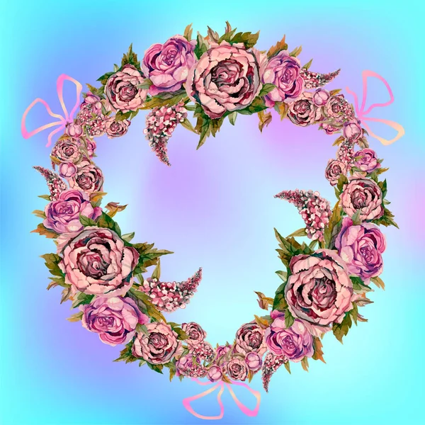 Μια γιρλάντα από λουλούδια ακουαρέλα. Παιώνιες τριαντάφυλλα πασχαλιές. Εικονογράφηση διάνυσμα. Νυφικό στεφάνι. — Διανυσματικό Αρχείο