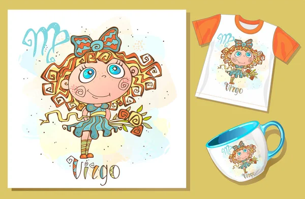 Childrens zodiac. Deva. Application examples on t-shirt and mug. Vector — Stock Vector