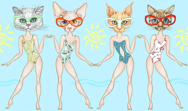 Μοντέρνα κορίτσια της παραλίας-γάτες με μαγιό. Απρόσκοπτη περίγραμμα — Διανυσματικό Αρχείο