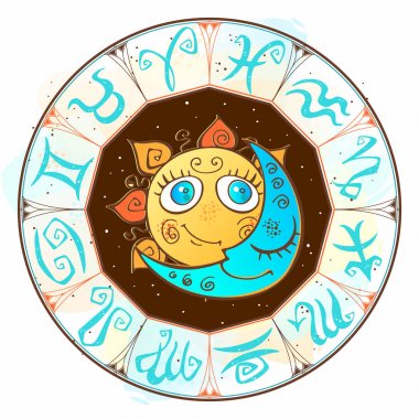 Zodyak. Astrolojik sembolü. Burç. Güneş ve ay. Astroloji mistik vektör
