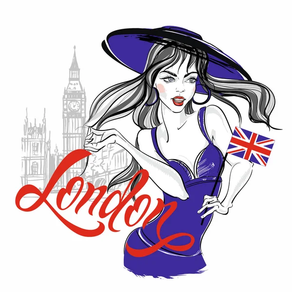 在伦敦大本钟的背景上戴帽子的女孩模特 — 图库矢量图片