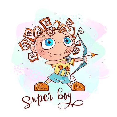 Yay lı ve oklu bir çocuk. Süper çocuk. Vektör.