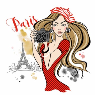 Paris.Travel'daki ilgi çekici yerlerin fotoğraflarını çeken bir kamera ile kız turist. Eyfel Kulesi. Vektör