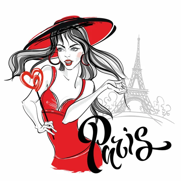 Modelo Niña París Contra Torre Eiffel Letras Vector — Vector de stock