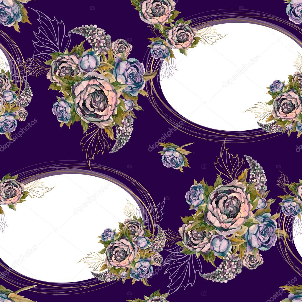 Seamless pattern with gold frames and bouquets of flowers.Peonies lilacs roses. Vector