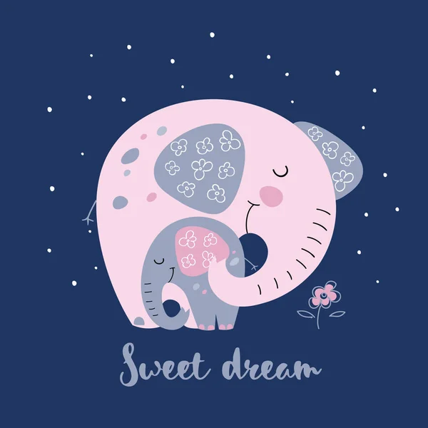 大象与可爱的小象 甜蜜的梦题词 — 图库矢量图片