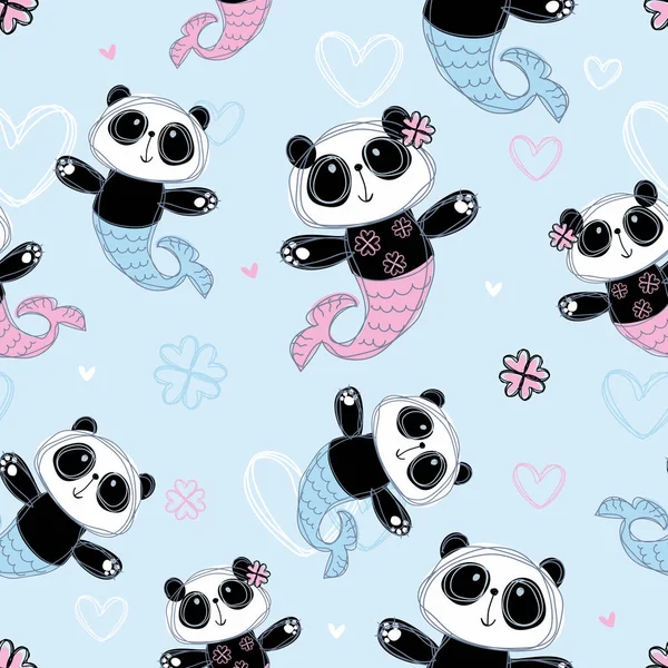 Seamless Pattern Cute Panda Mermaid Blue Background Vector — Wektor stockowy