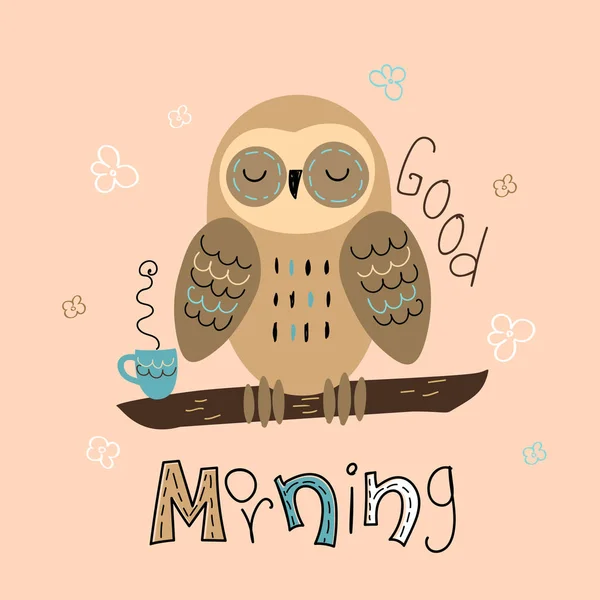 Sleepy Owl Cute Style Good Morning Lettering Baby Shower Vector — Stock Vector