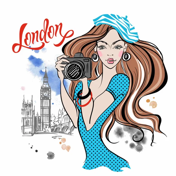 Turista Con Cámara Londres Vector — Vector de stock