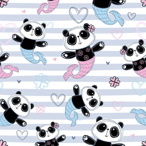 Seamless Pattern Mermaid Panda Striped Background Vector — Stock Vector