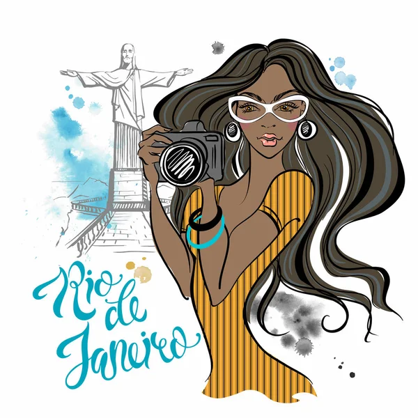 リオデジャネイロの少女写真家 ブラジルへの旅 水彩画の汚れ ベクトル — ストックベクタ